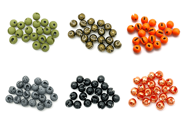 MFC slotted tungsten beads in olive, mottled brown, orange, spotted gray, black, and copper finishes