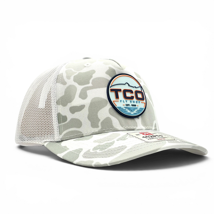 TCO Fly Shop Camo Trucker Hat - '26 Fish Logo