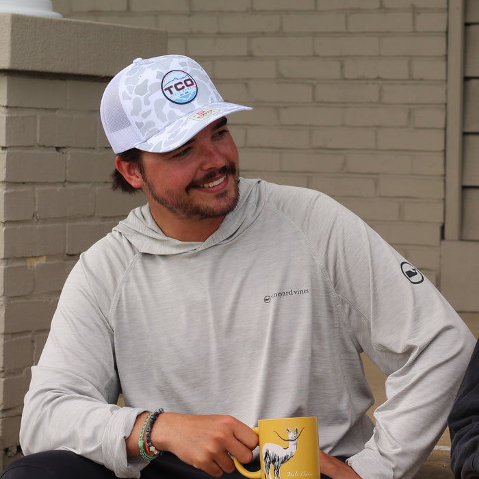 TCO Fly Shop Camo Trucker Hat - '26 Fish Logo