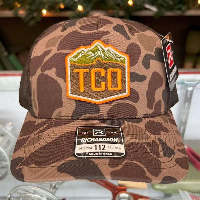 TCO Fly Shop Trucker Hat - 3D Crest Logo - Bark Duck Camo Brown