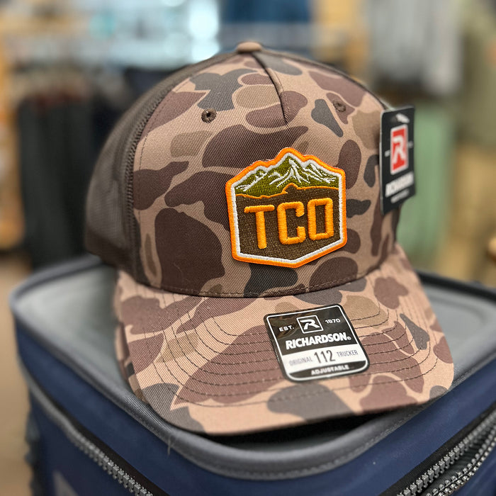 TCO Fly Shop Trucker Hat - 3D Crest Logo - Bark Duck Camo Brown