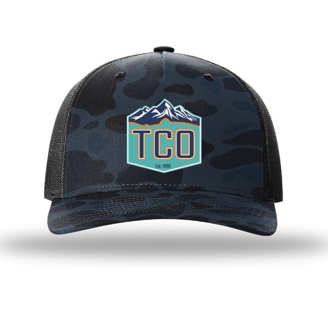 TCO Fly Shop Hat Crest Logo - Printed 5 Panel Trucker Admiral Duck Camo - Black