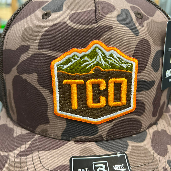TCO Fly Shop Trucker Hat - 3D Crest Logo - Bark Duck Camo Brown