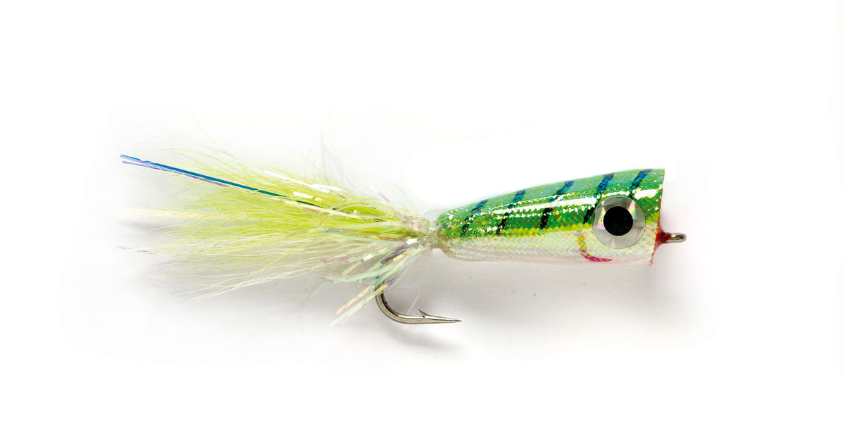 fish lure popper pattern Mylar Chartreuse & White — TCO Fly Shop BF Color:Green Trout Approximately 4 long The 7 Ice Fishing